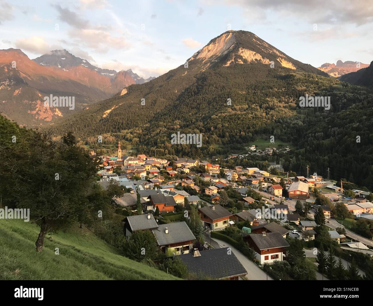 Evening comes over the mountain village landscape view Stock Photo
