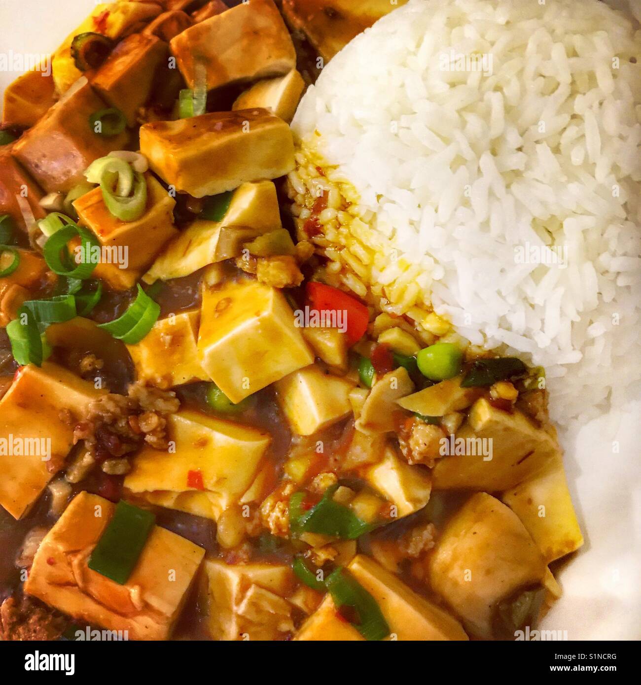 Cantonese Ma Po tofu with minced meat and rice Stock Photo Alamy