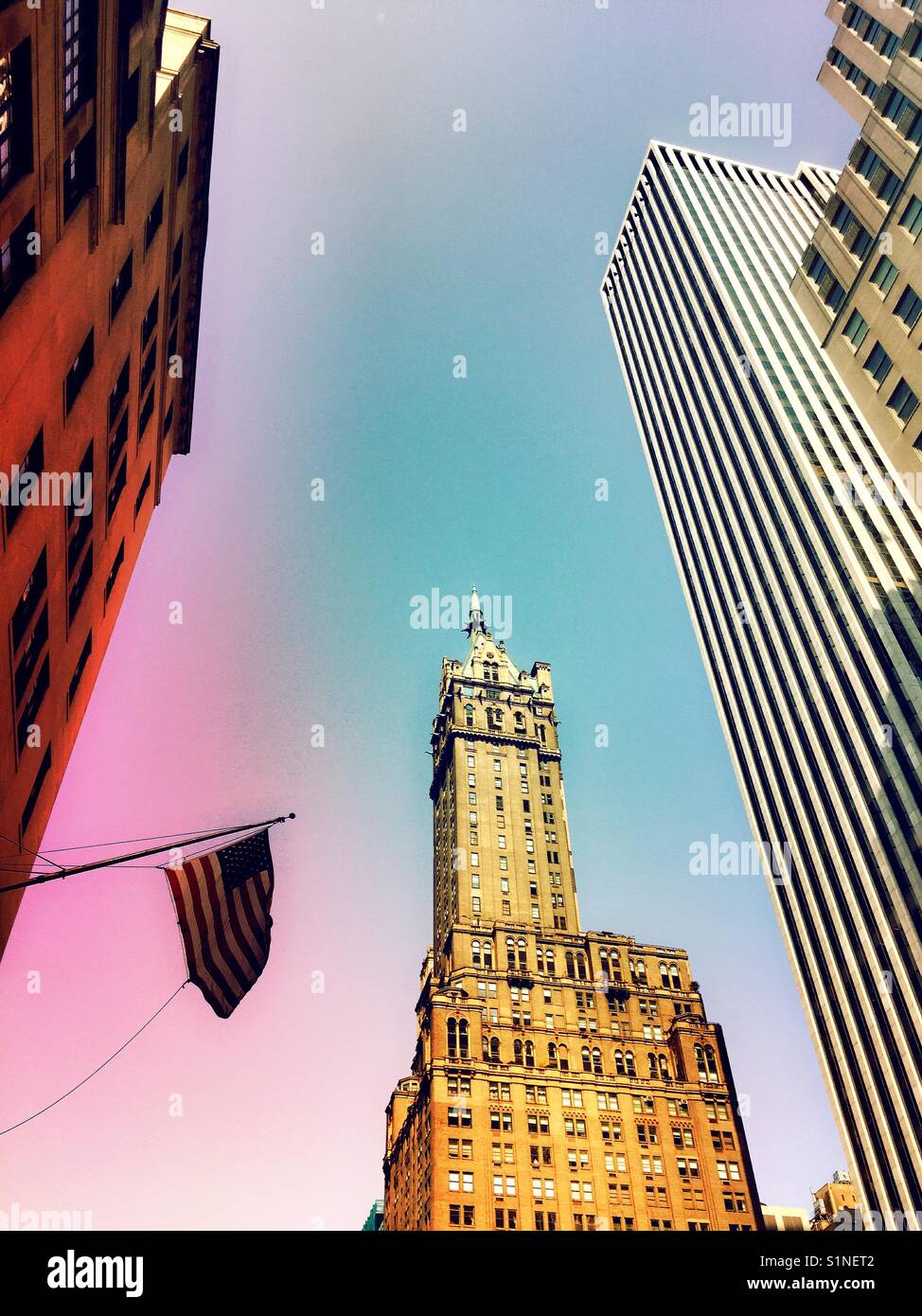 Sherry Netherland apartment and hotel building on fifth Avenue and an American flag, New York City, USAA - Smartphone Captured Stock Image