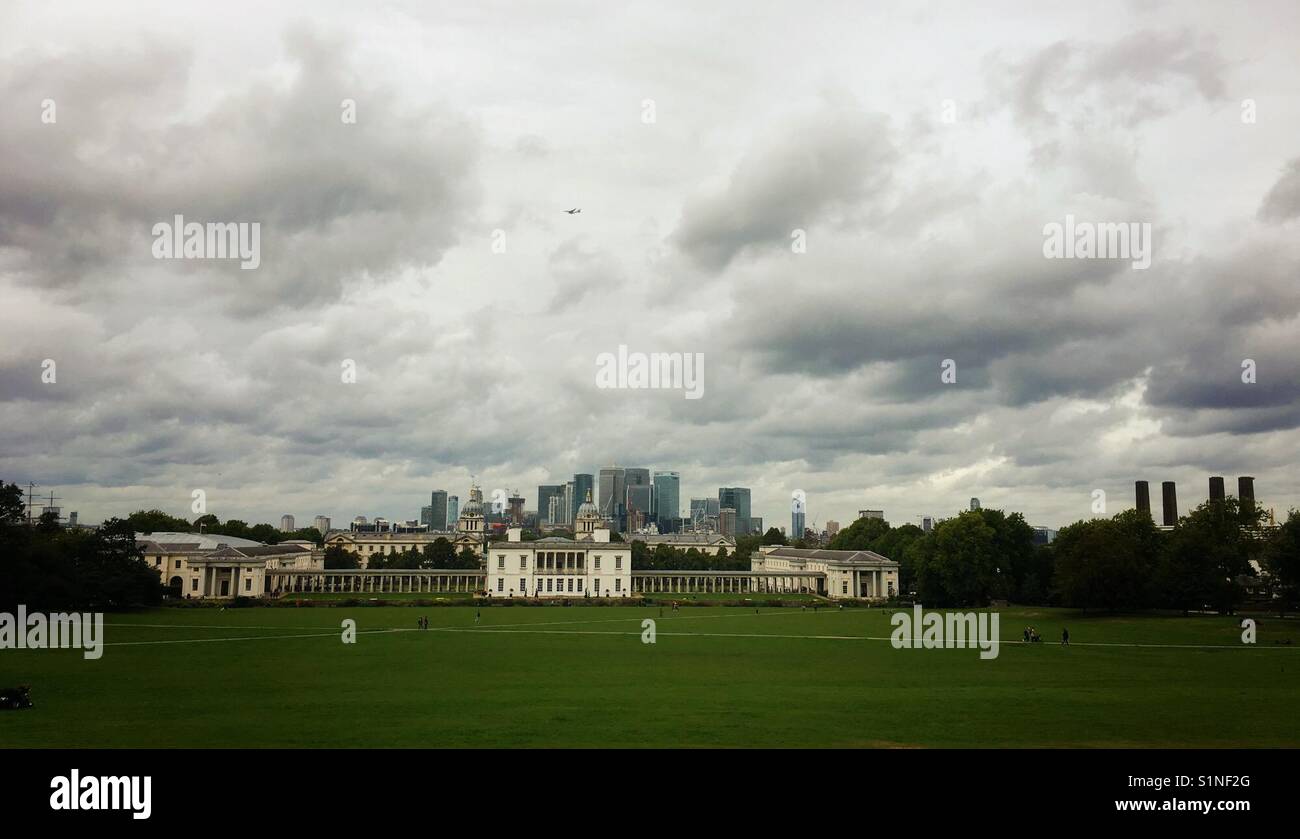 View of The Queens House and Canary Wharf from Greenwich Park - Smartphone Captured Stock Image