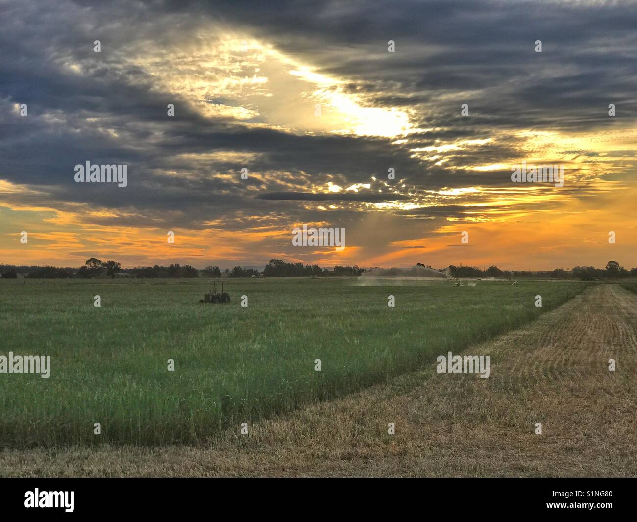 Rural field with tractor and irrigator - Smartphone Captured Stock Image