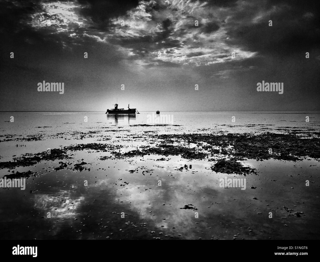 Moored fishing boat on Menai Strait on a misty morning with seaweed in foreground Stock Photo