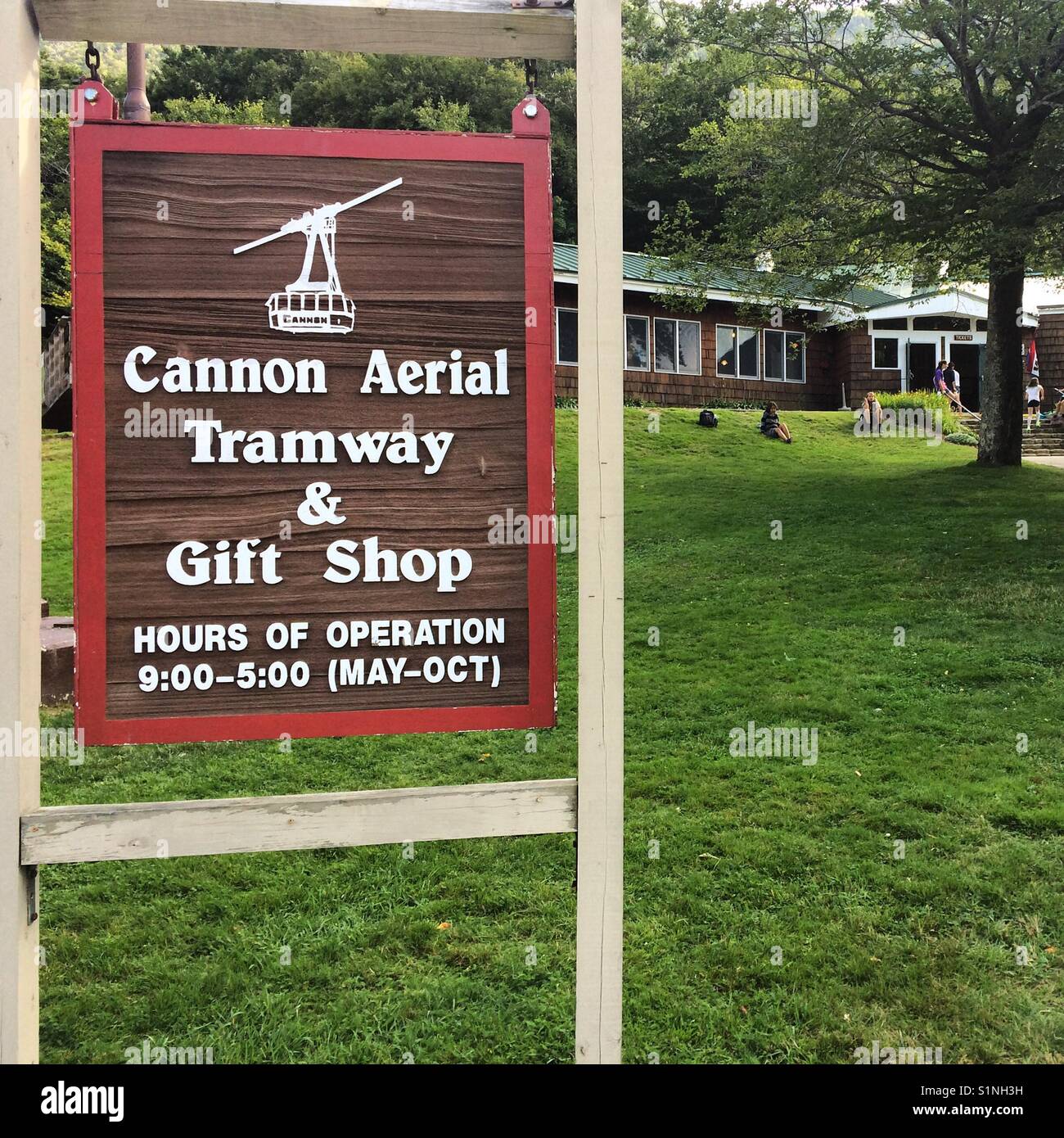 Cannon Aerial Tramway & Gift Shop sign, Franconia Notch, White Mountains, New Hampshire, United States - Smartphone Captured Stock Image