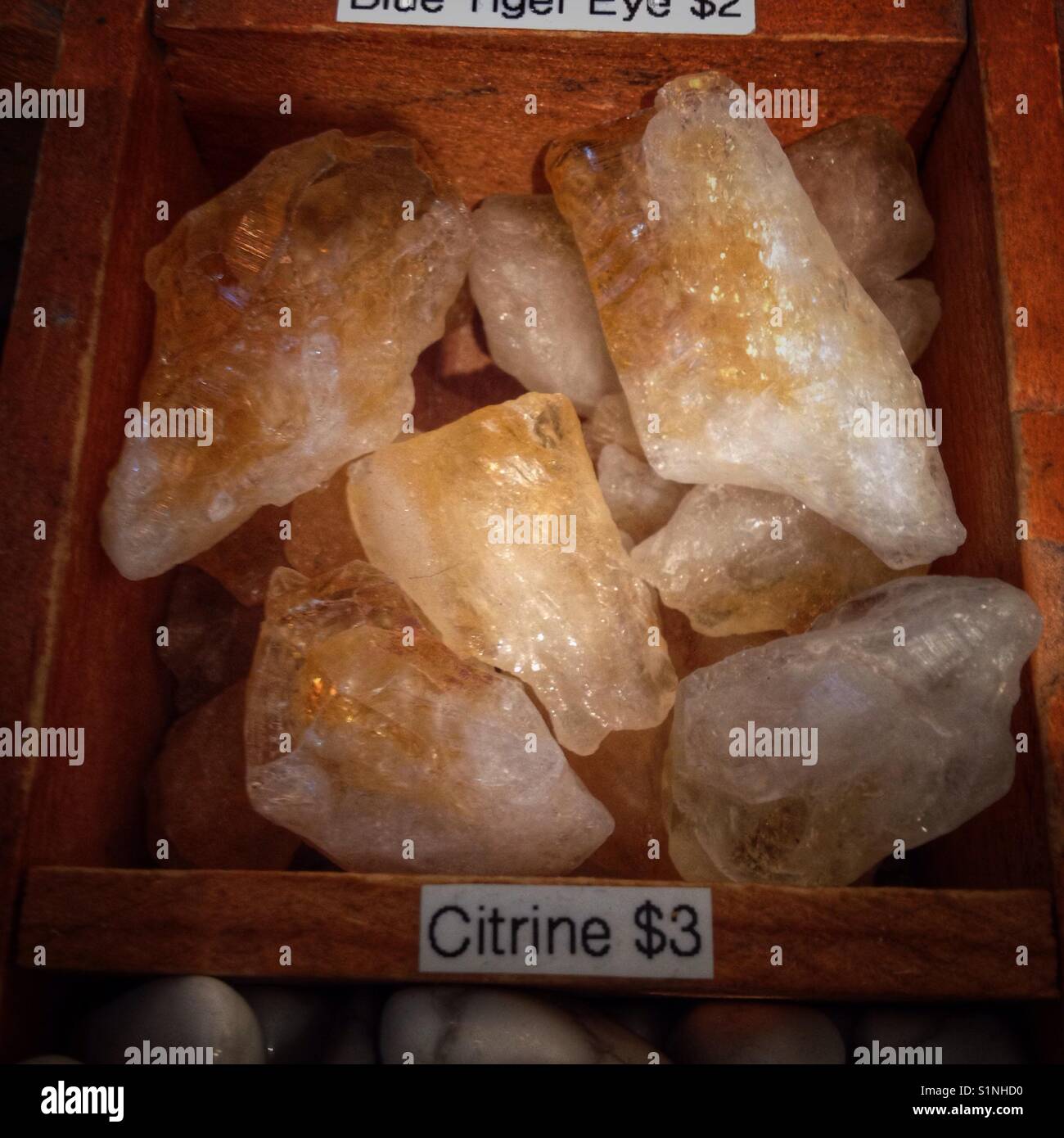 Citrine in the crystal shop. Stock Photo
