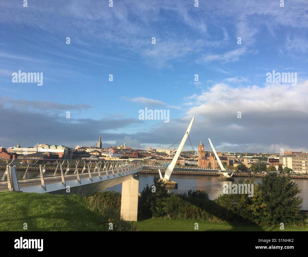 The Peace Bridge spanning the River Foyle towards Derry City. - Smartphone Captured Stock Image