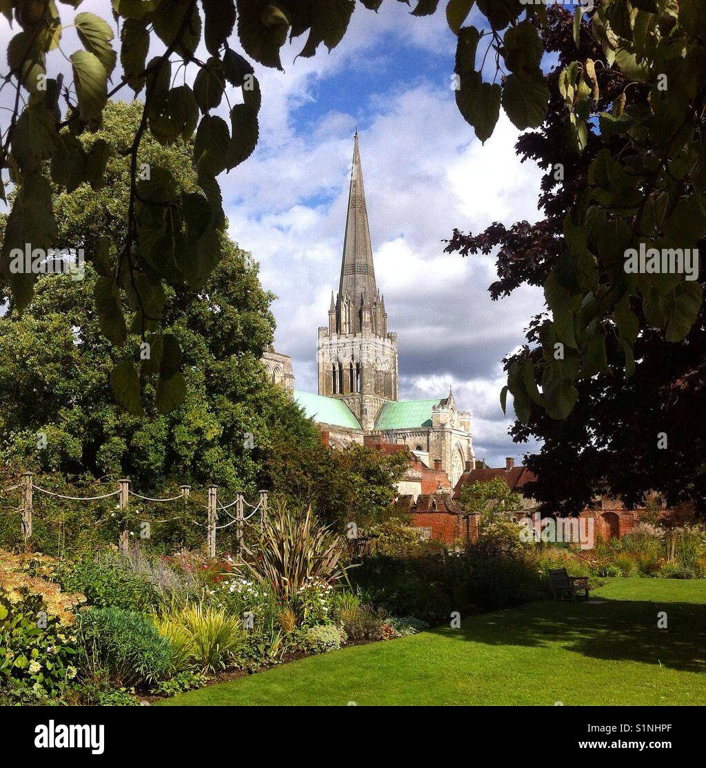 Chichester Cathedral viewed from the Bishops Gardens Stock Photo