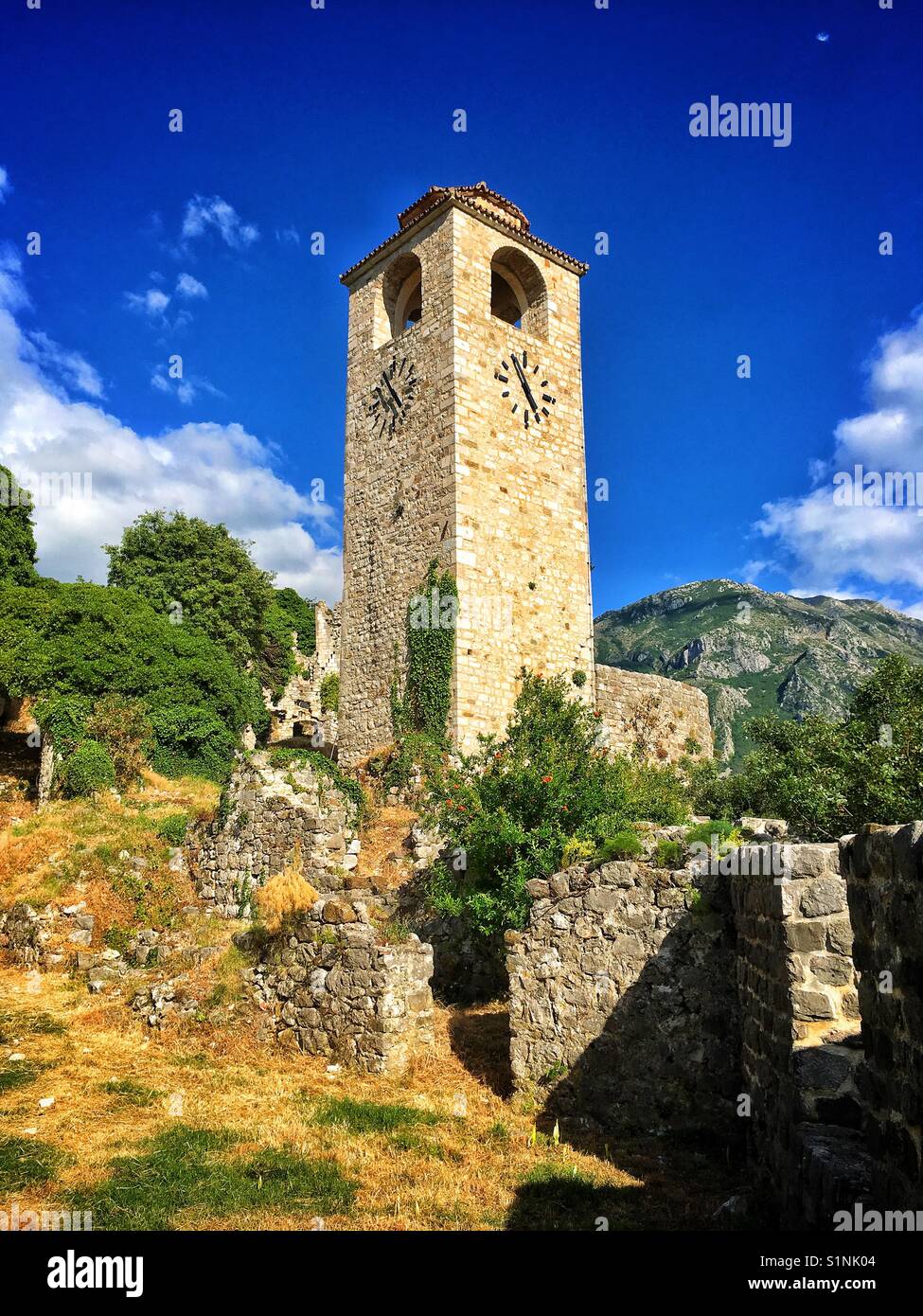 Old bell and clock tower in Stari Bar (Old Bar) village near Bar town