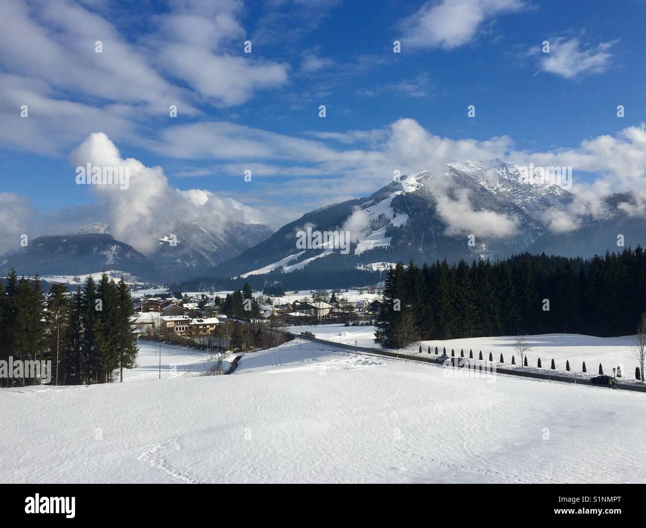 View to the mountain with The ski arena in kössen Austria Stock Photo
