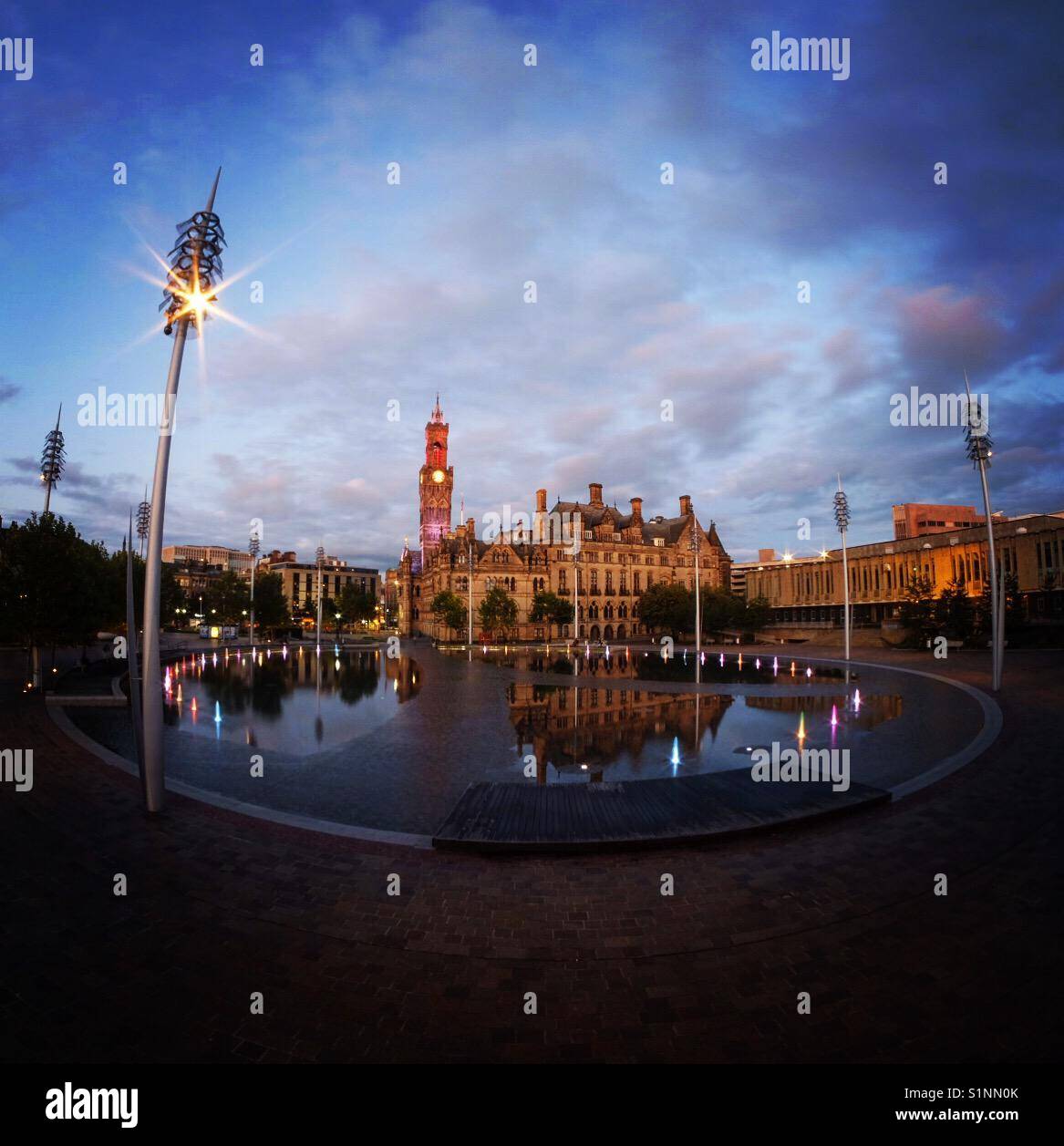 CityPark in Bradford West Yorkshire, Mirror pool and City Hall. - Smartphone Captured Stock Image