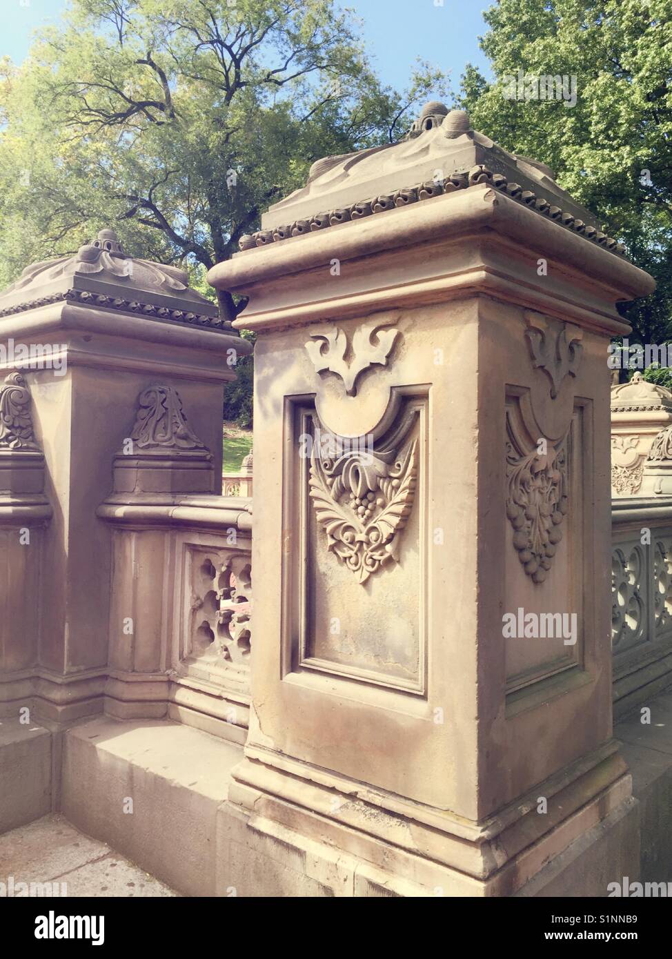 Ornamental sand stone pillars at Bethesda terrace, Central Park, NYC