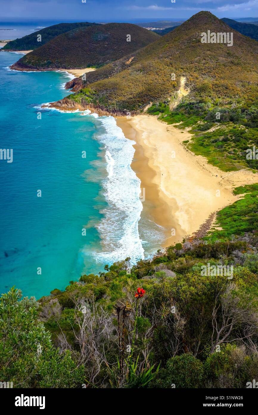 High view of beach and mountains meeting the ocean - Smartphone Captured Stock Image