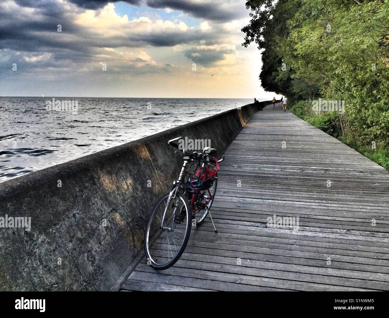 A bicycle parked on a wooden boardwalk on the Toronto Islands. - Smartphone Captured Stock Image