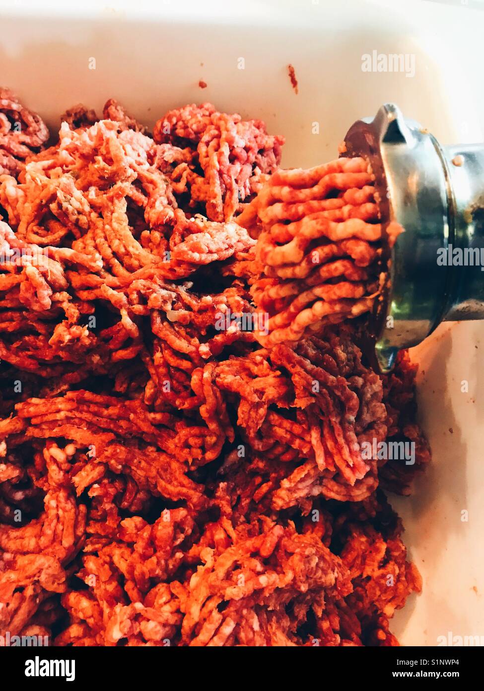 Meat grinder making sausage - Smartphone Captured Stock Image