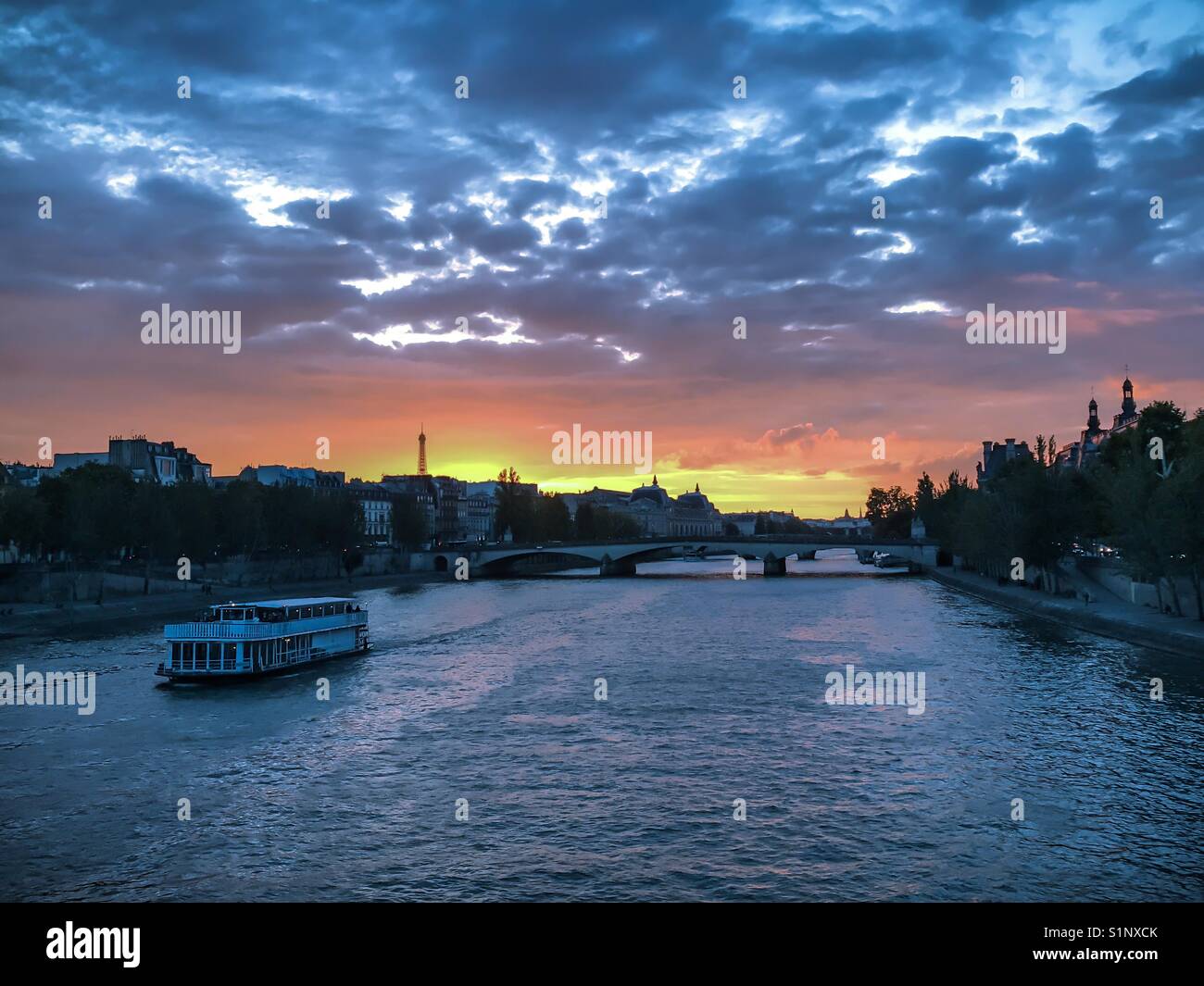 Sunset on the River Seine. Stock Photo