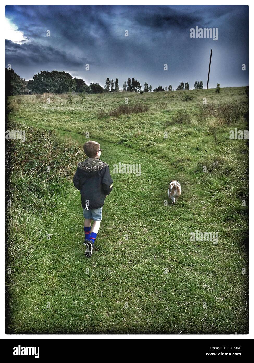 7 year old boy walking his dog. Stock Photo