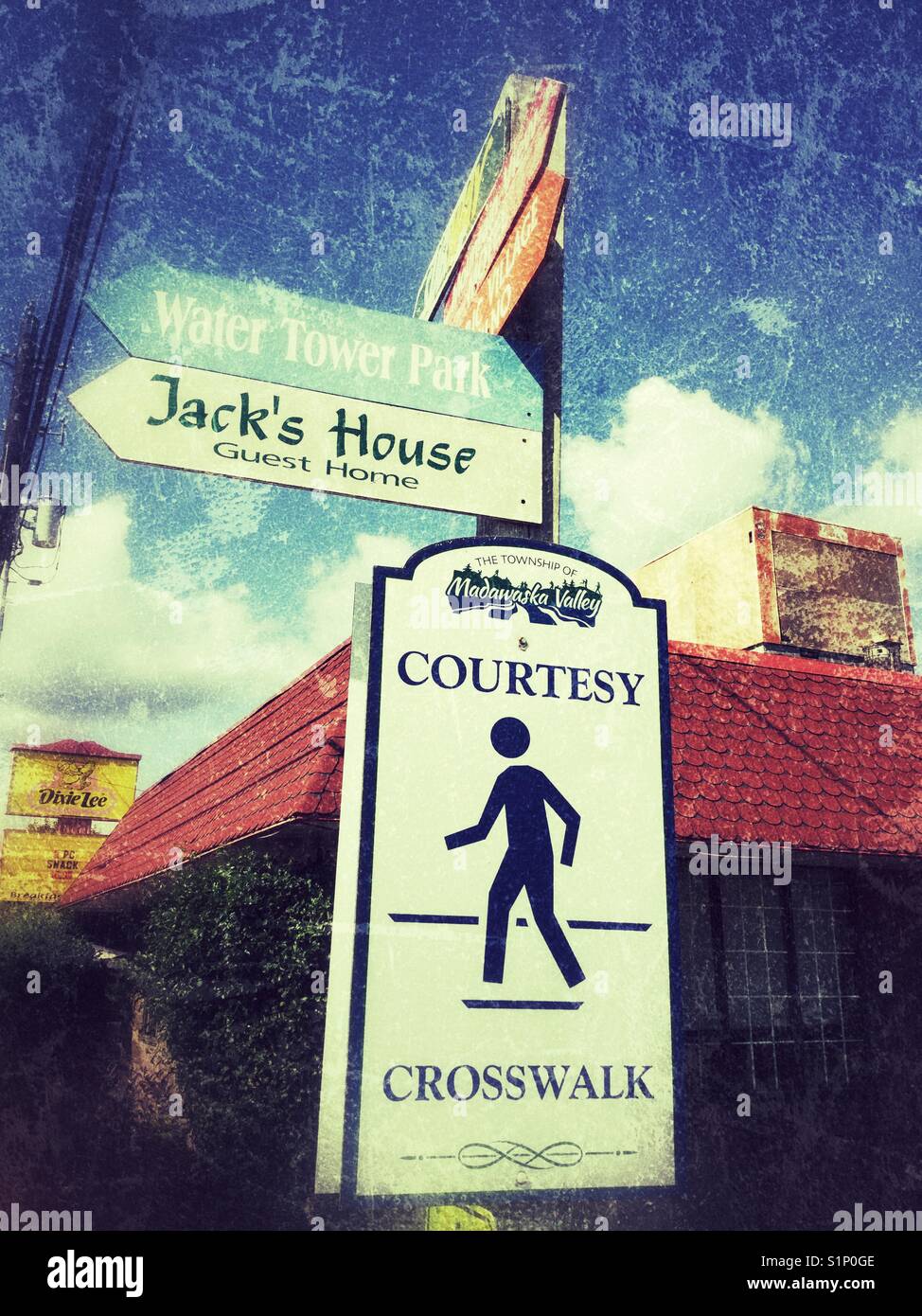Directional signs in Barry's Bay, Ontario. Stock Photo