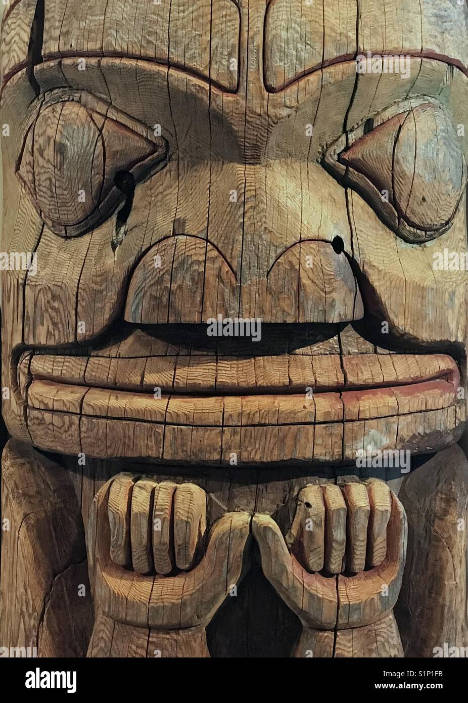 Face on Tsimshian totem pole, 19th century, British Columbia, Canada Stock Photo