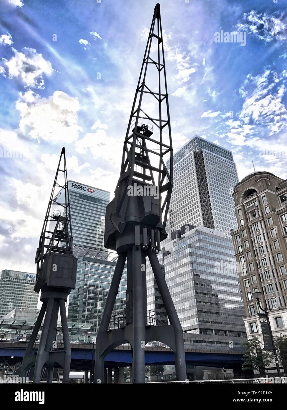 Striking skyline of Canary Wharf in London from West India Quay - Smartphone Captured Stock Image