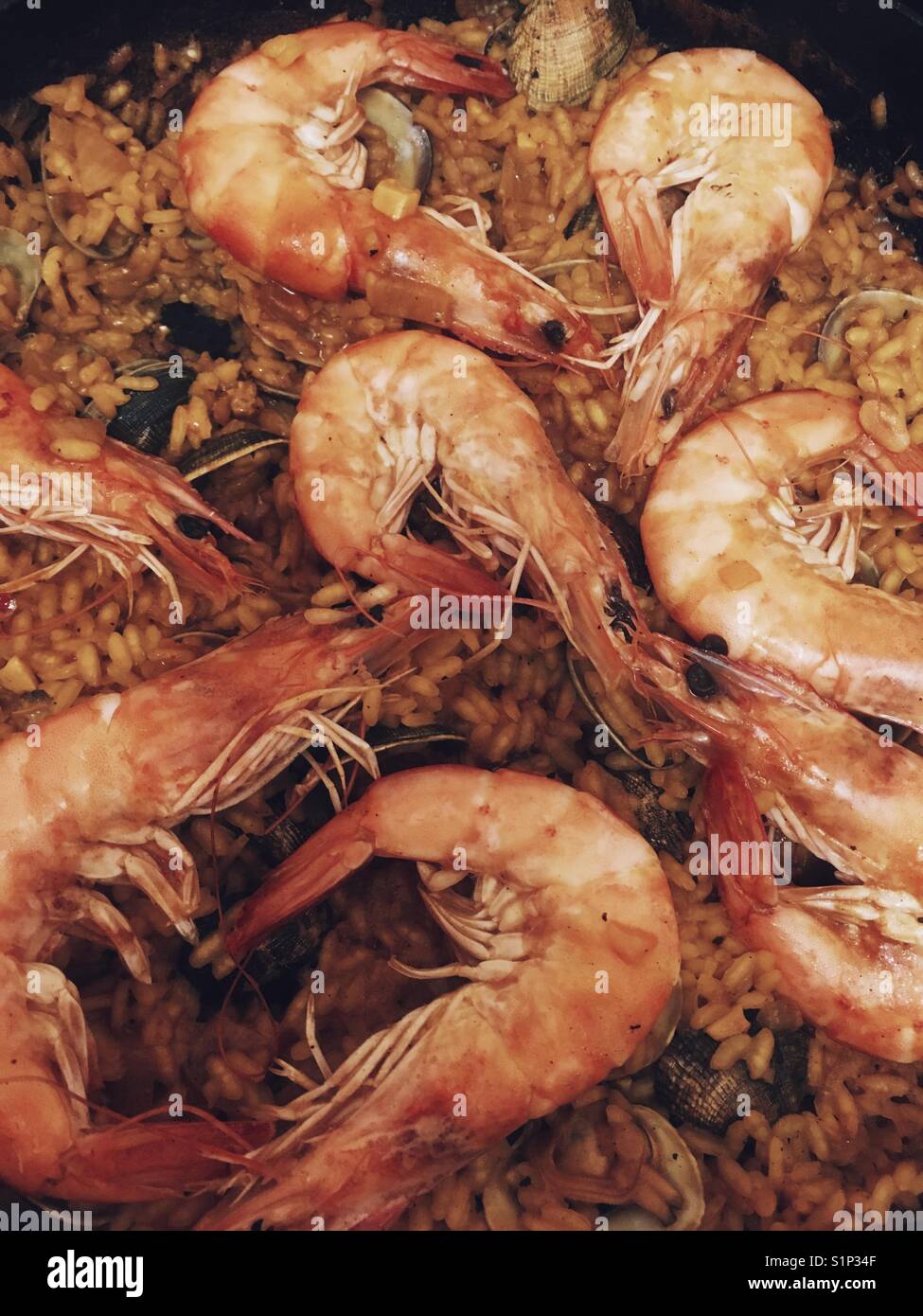 Spanish dish paella with king prawns and rice Stock Photo Alamy