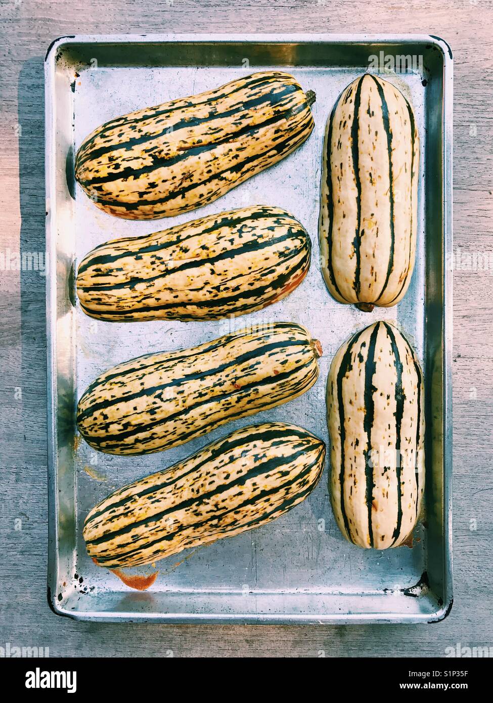 A tray of baked delicata squash halves. Stock Photo