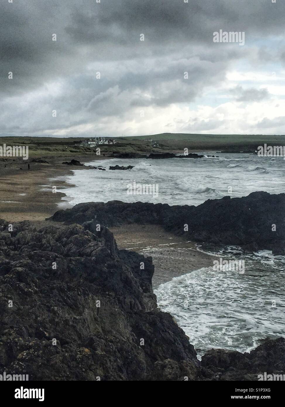View of south west coast of Anglesey from a rock looking towards cable bay - Smartphone Captured Stock Image