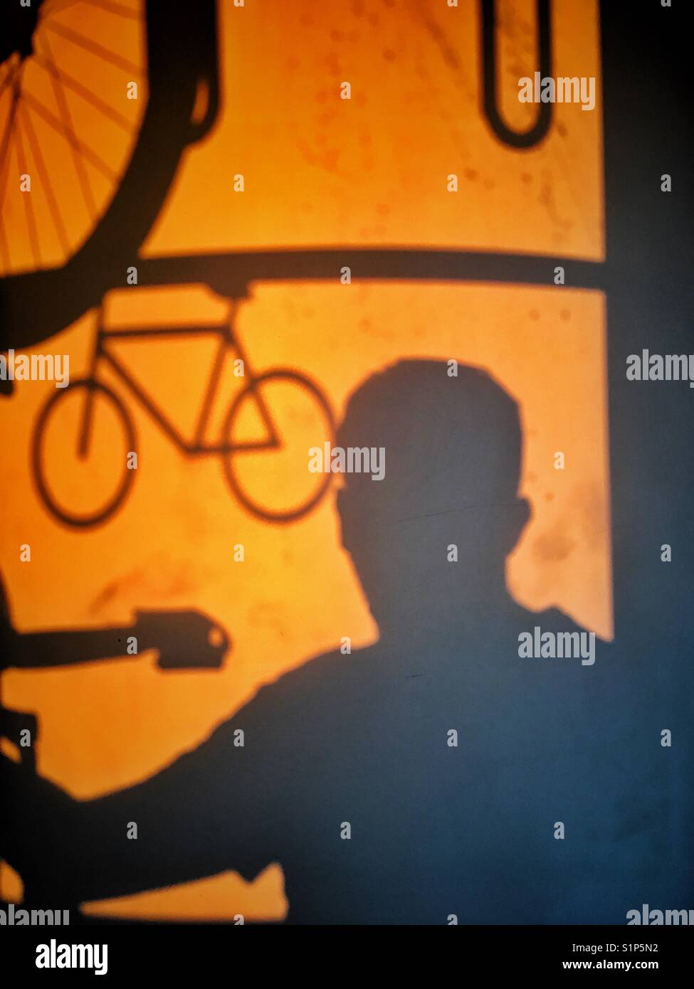 Shadow of a man travelling by train with bike Stock Photo