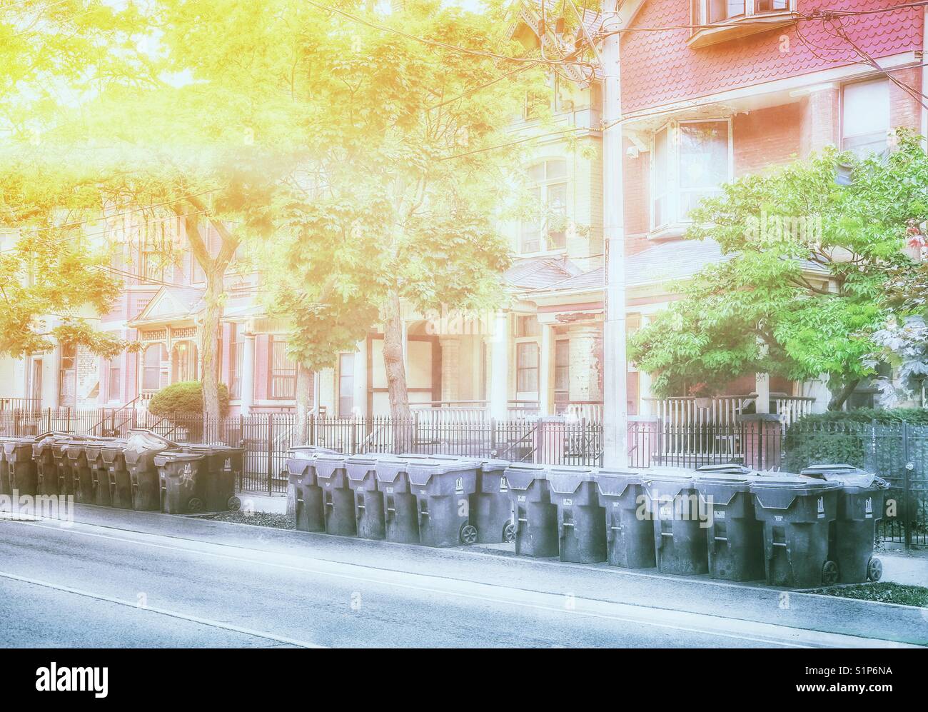 Rows of rubbish bins at dawn, Toronto, Ontario, Canada - Smartphone Captured Stock Image