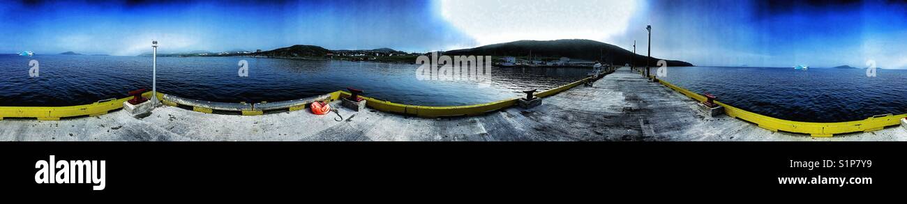 Panorama with icebergs, St Lunaire Griquet, Great Northern Peninsula, Newfoundland, Canada - Smartphone Captured Stock Image