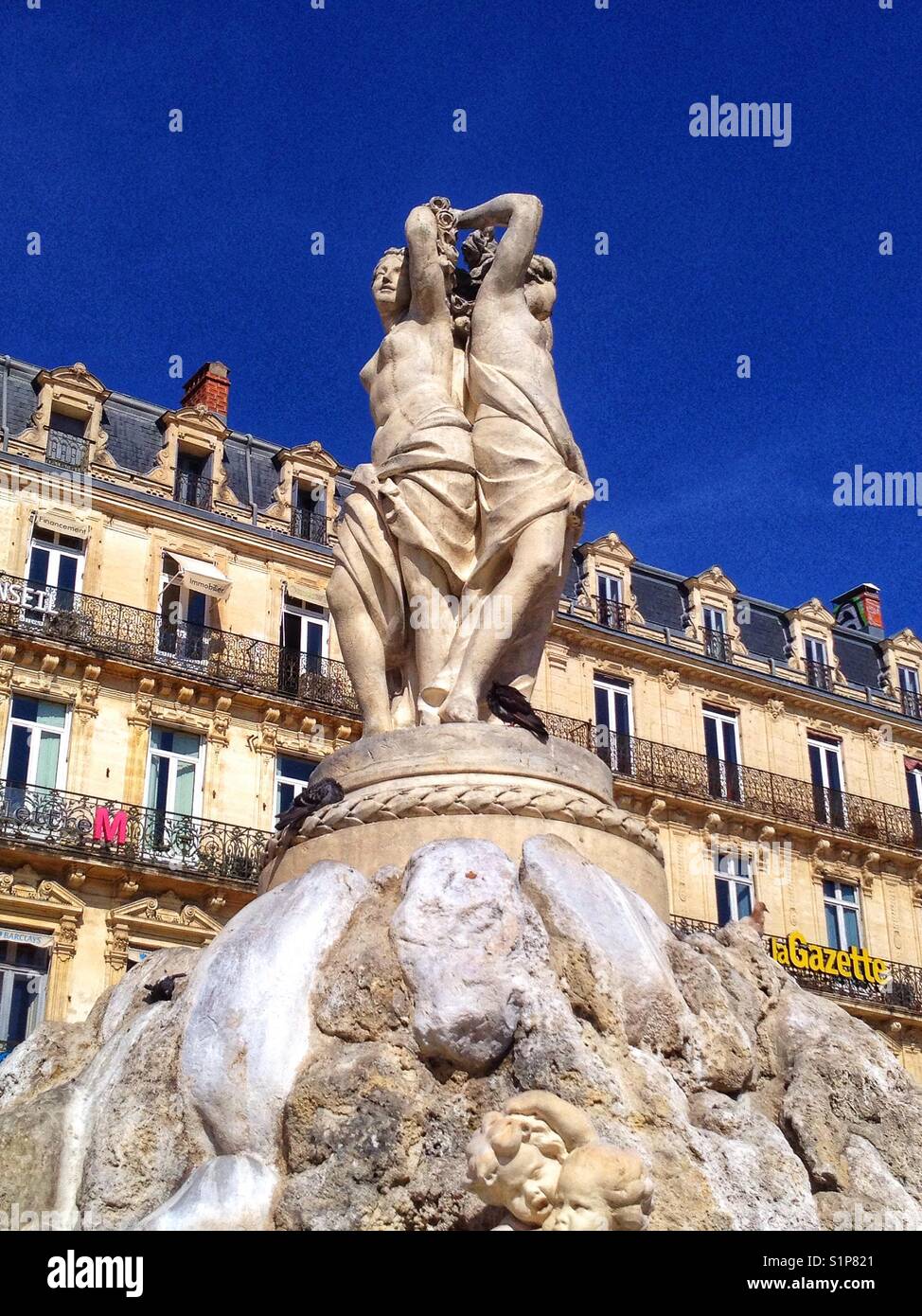 Les Trois Graces Fountain, Place De La Comedie, Montpellier France - Smartphone Captured Stock Image