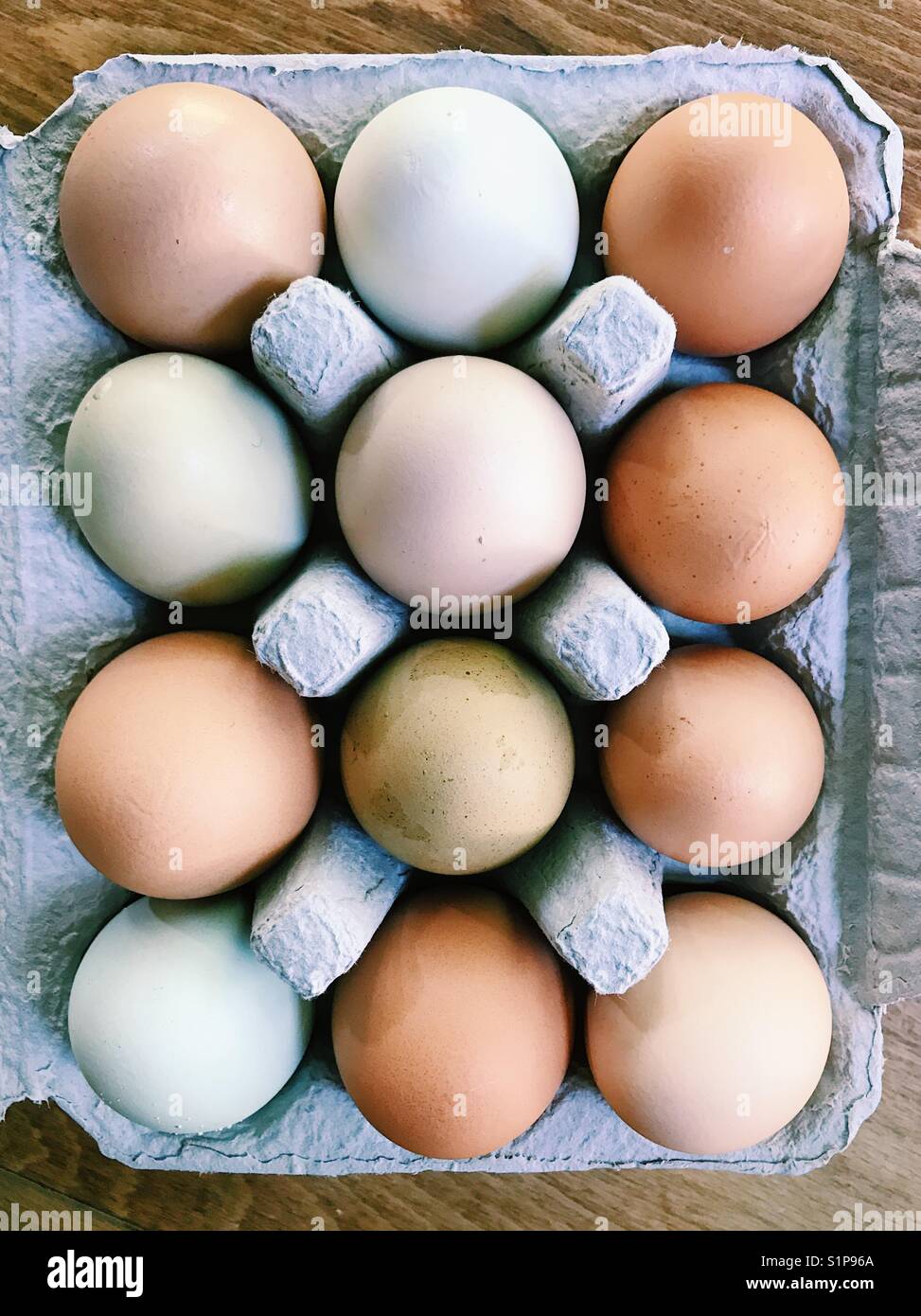 A dozen eggs in an eggbox. Stock Photo