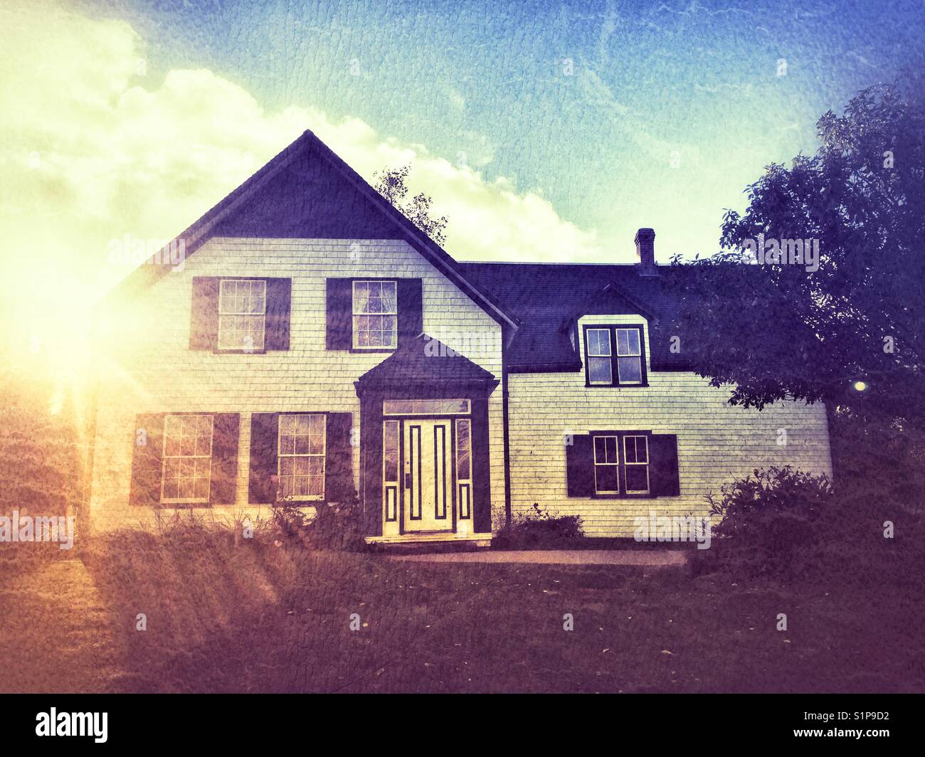 Green Gables House as the sun goes down in Cabendish, Prince Edward Island, Canada. - Smartphone Captured Stock Image