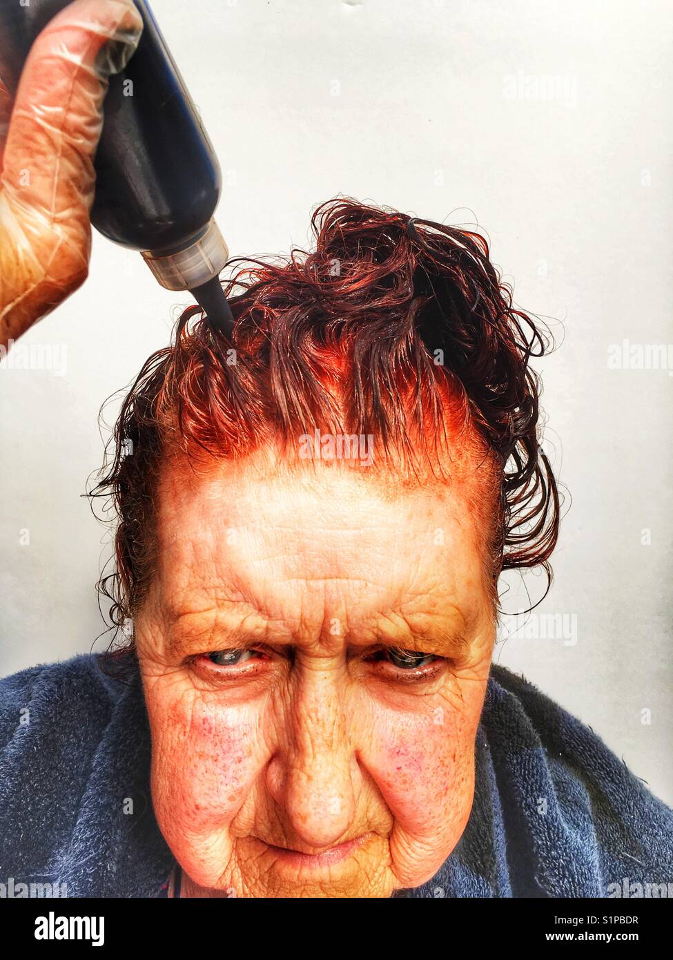 Elderly woman self colouring her hair - Smartphone Captured Stock Image