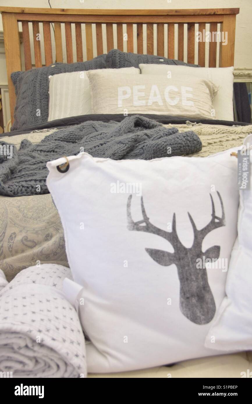 Rustic bedroom, autumn coziness staycation - Smartphone Captured Stock Image