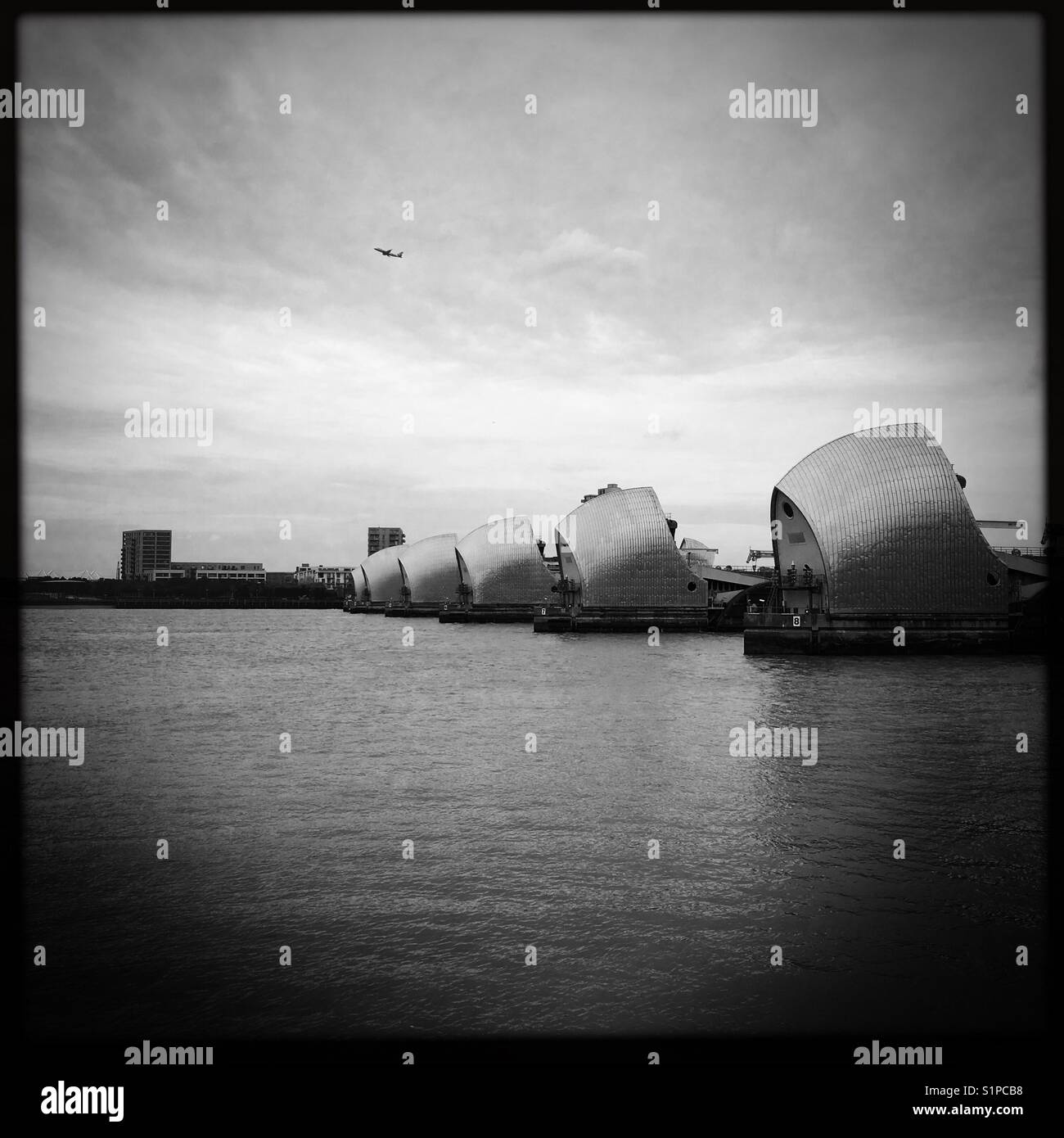 Thames Barrier in black and white, south London - Smartphone Captured Stock Image
