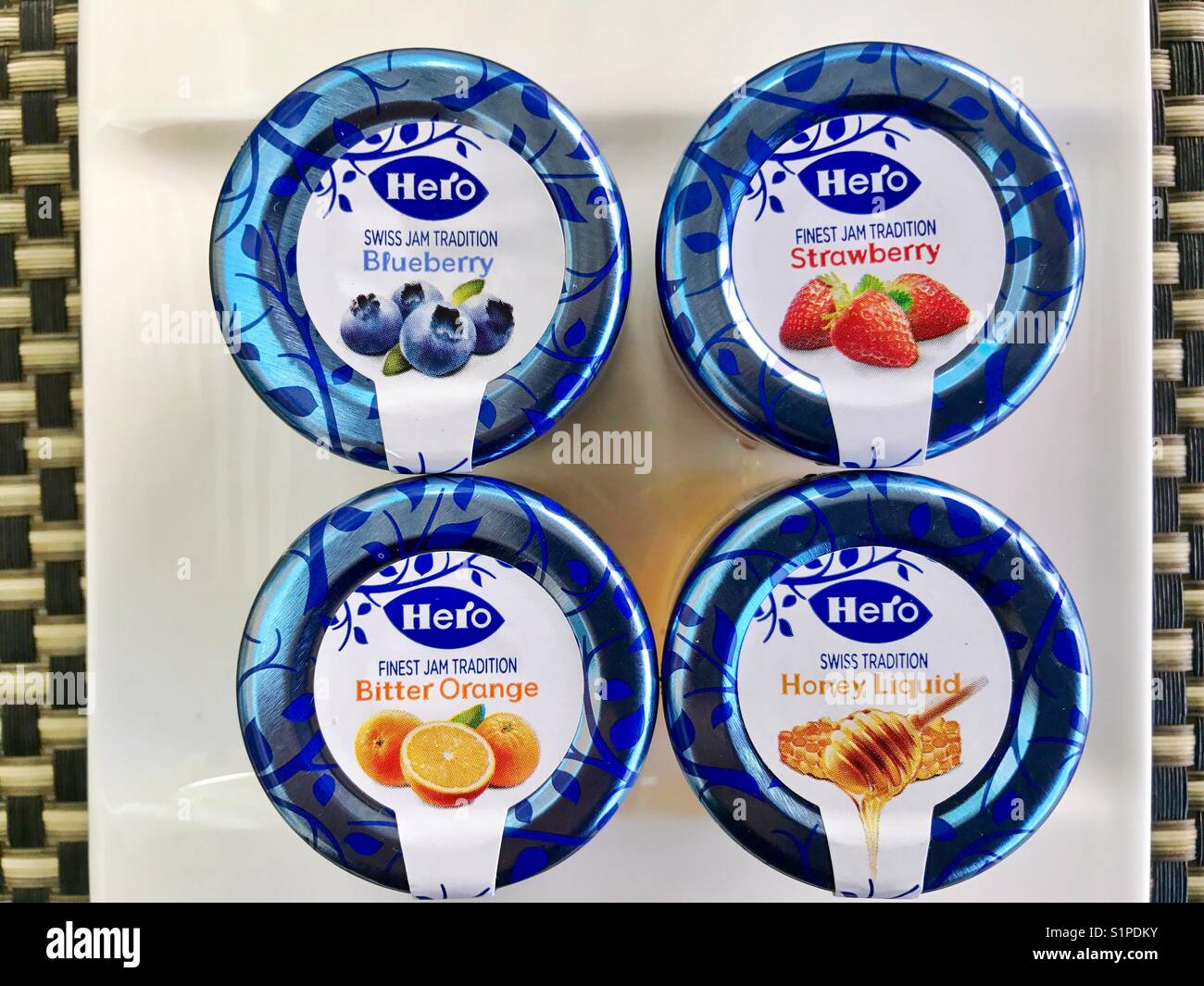 Breakfast selection of pots of jams and preserves Stock Photo Alamy