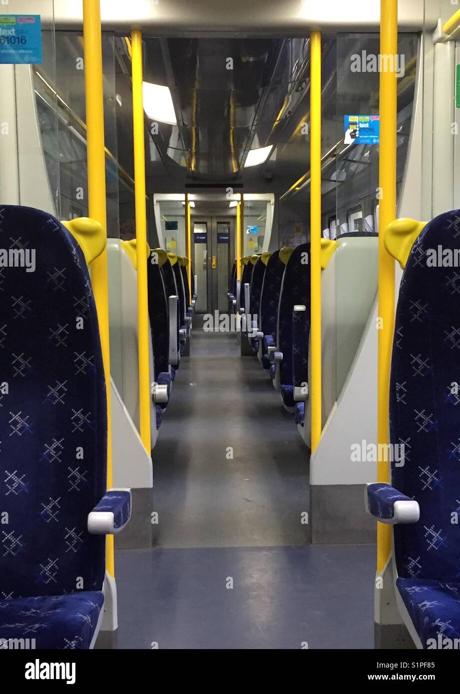 Scotrail Train interior showing unique seat upholstery logo pattern. Stock Photo