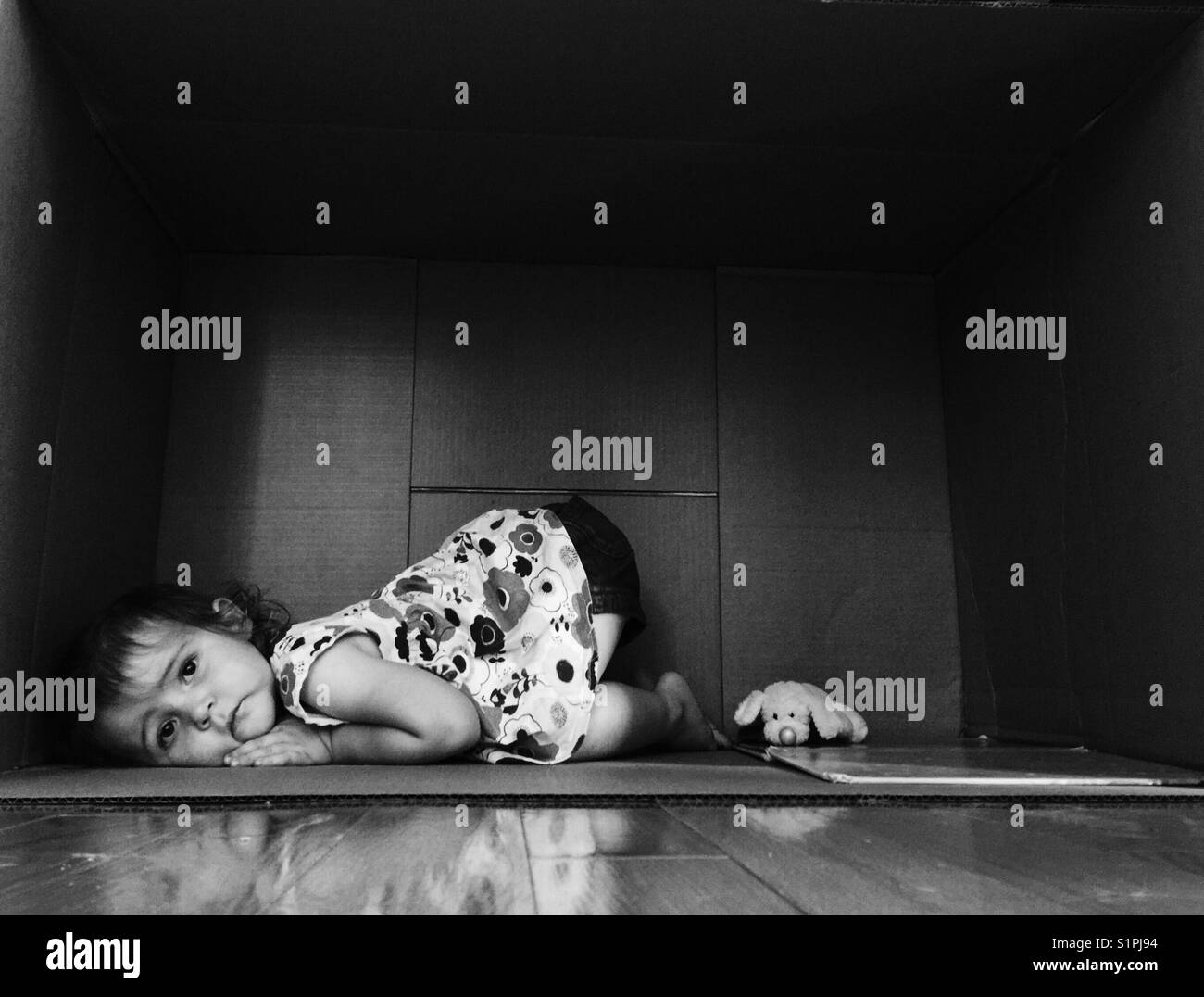 Sad Toddler girl hiding in a large cardboard box in black and white Stock Photo