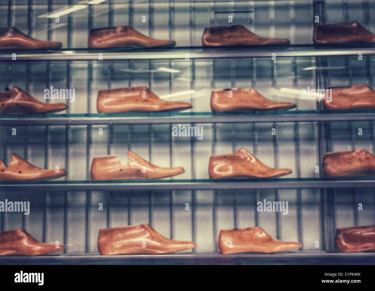 Four rows of wooden men’s shoe forms - Smartphone Captured Stock Image