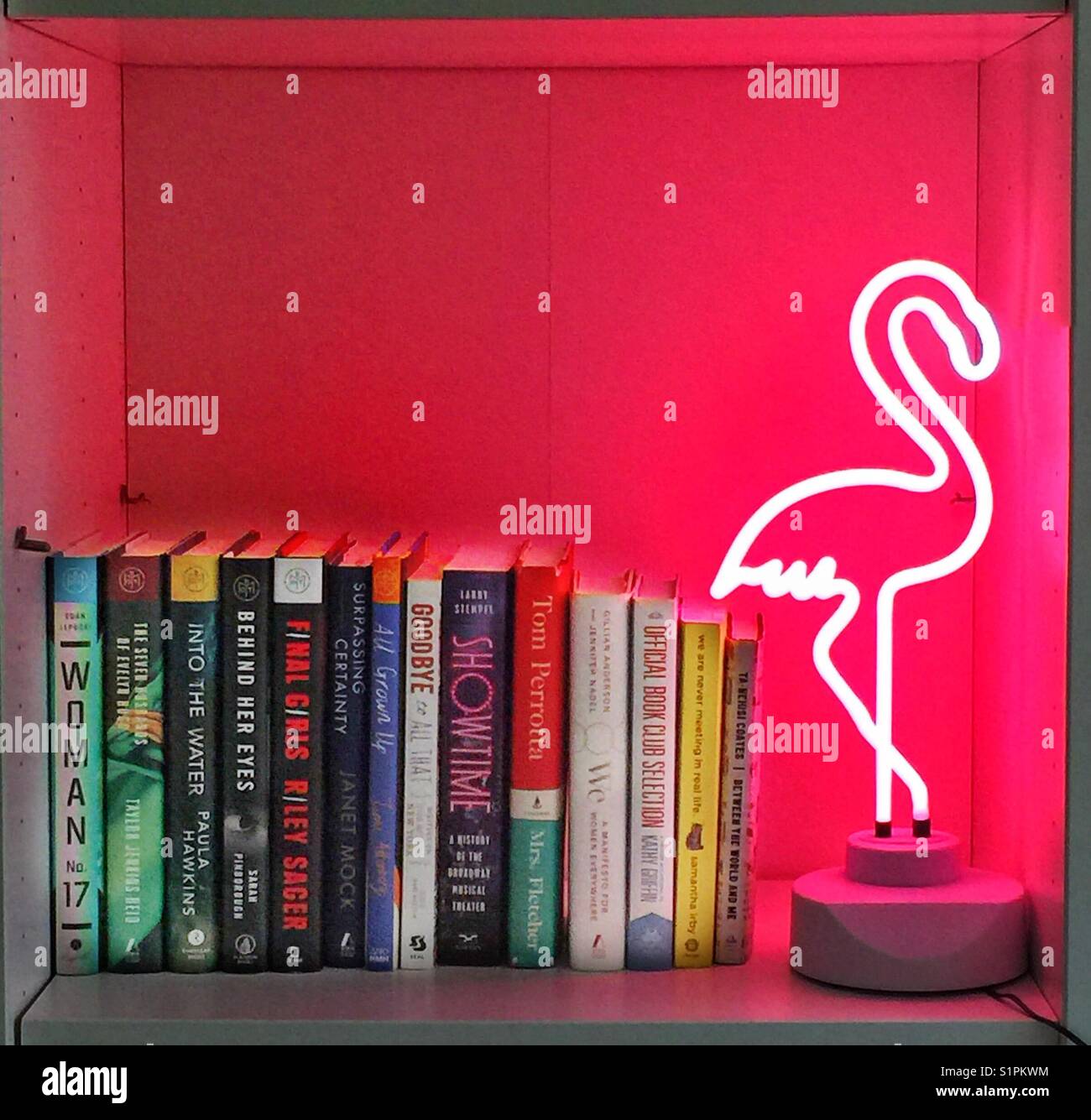 A pink neon flamingo light on a bookshelf with books Stock Photo