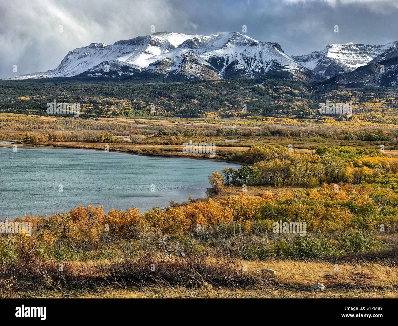 Beautiful lakeside fall colours and view of snow-capped mountains in Waterton Lakes national park, in Alberta, Canada. Burnt grass in the foreground hints at the recent damage from the Kenow fire. - Smartphone Captured Stock Image