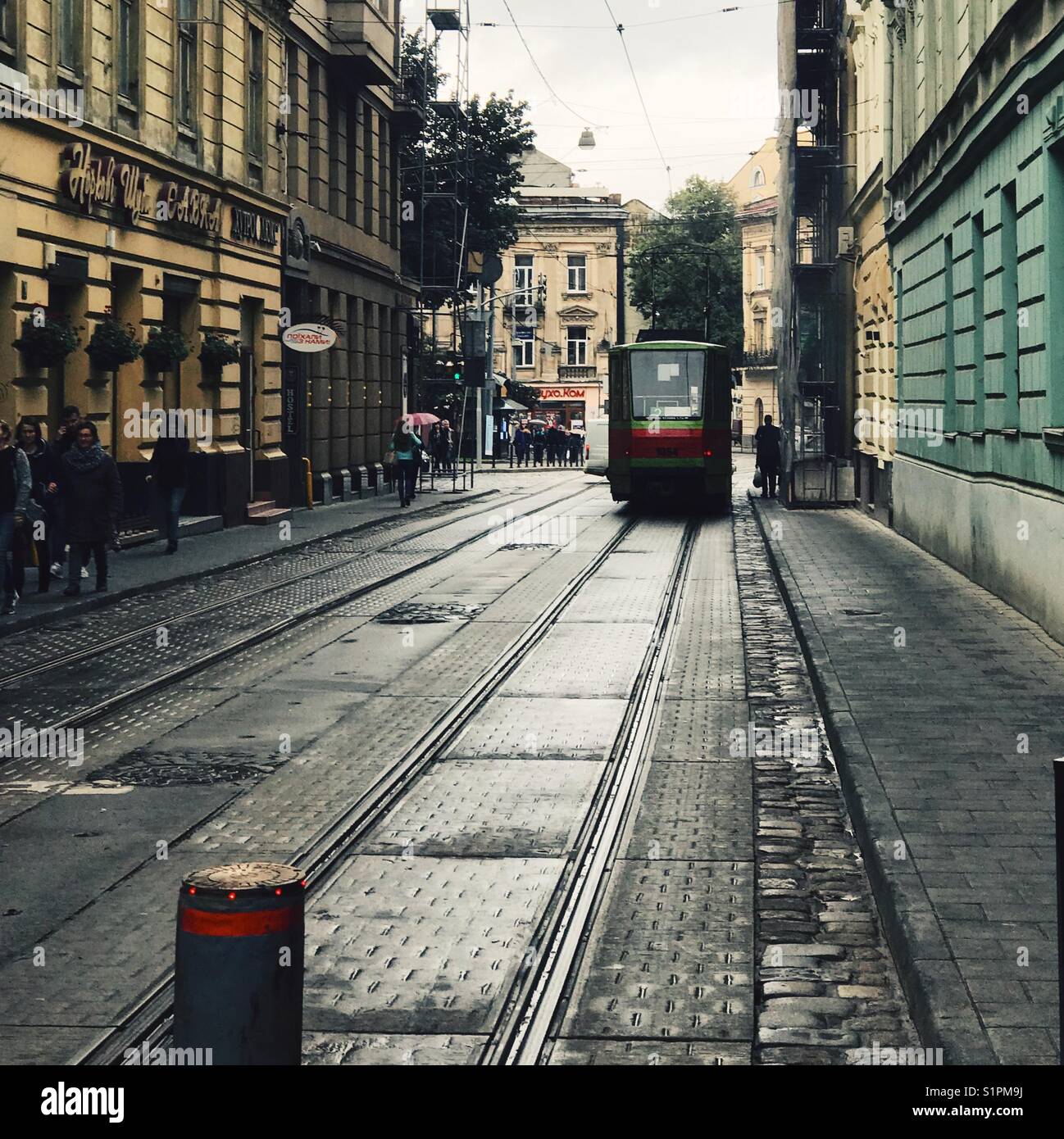 An electric tram on the streets of Lviv, Ukraine - Smartphone Captured Stock Image