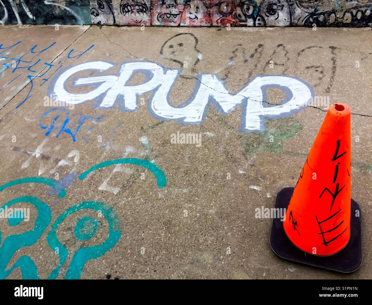 Parody of Trump’s name in a skateboarding rink - Smartphone Captured Stock Image