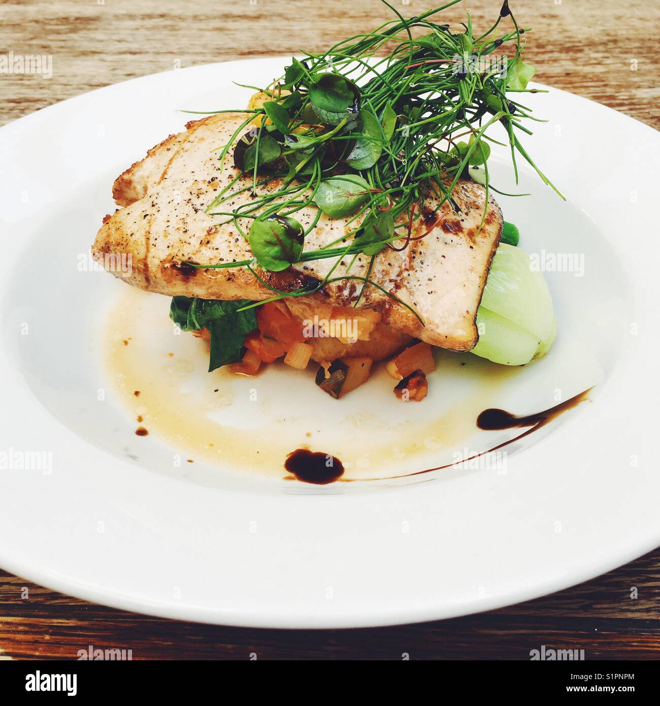 Chargrilled swordfish steak, autumnal ragu and crushed new potatoes. - Smartphone Captured Stock Image