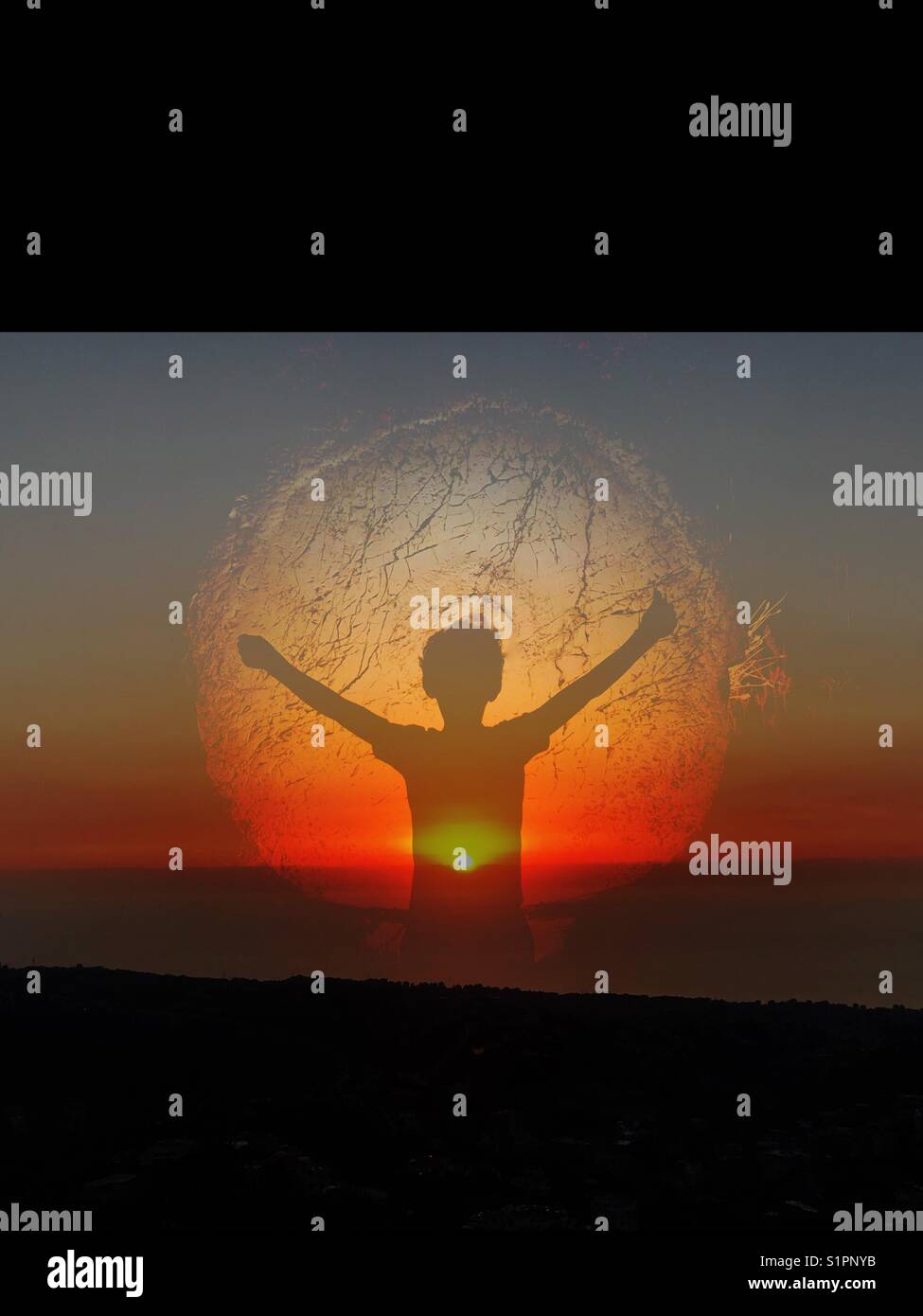 Double exposure: Boy silhouette behind sunset - Smartphone Captured Stock Image