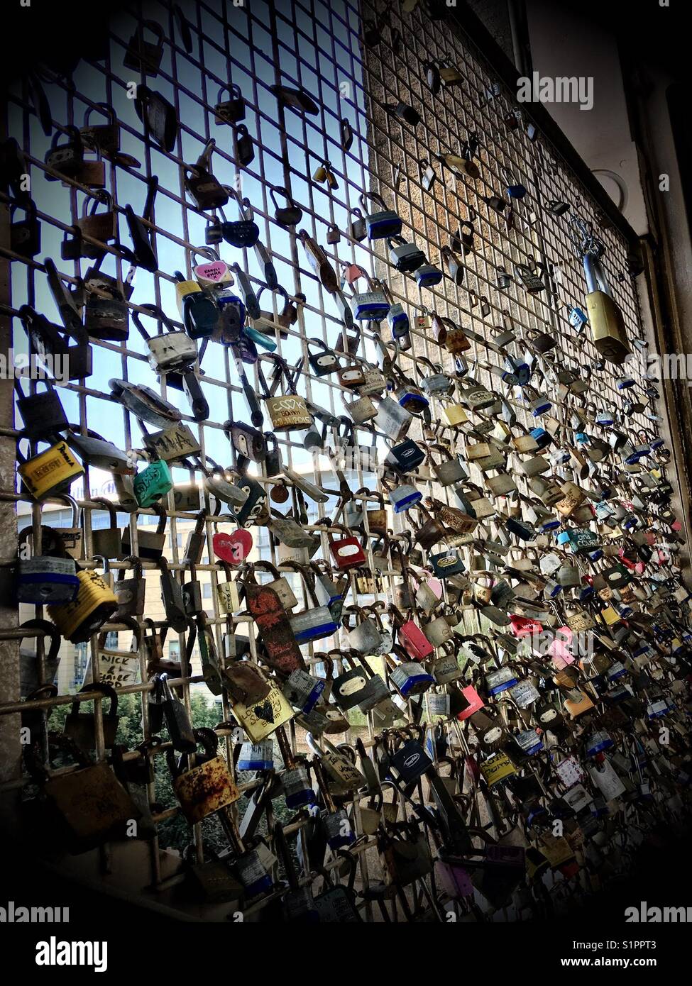 Love locks on the High Level Bridge in Newcastle upon Tyne - Smartphone Captured Stock Image