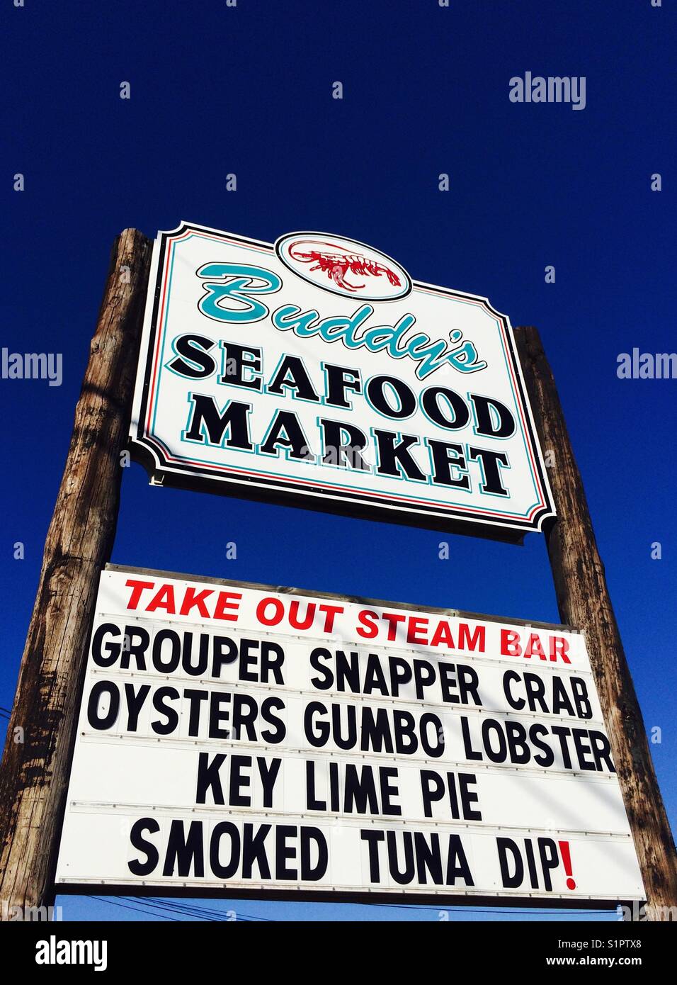 Sign for Buddy's Seafood Market in Panama City Beach, Florida, USA. Stock Photo