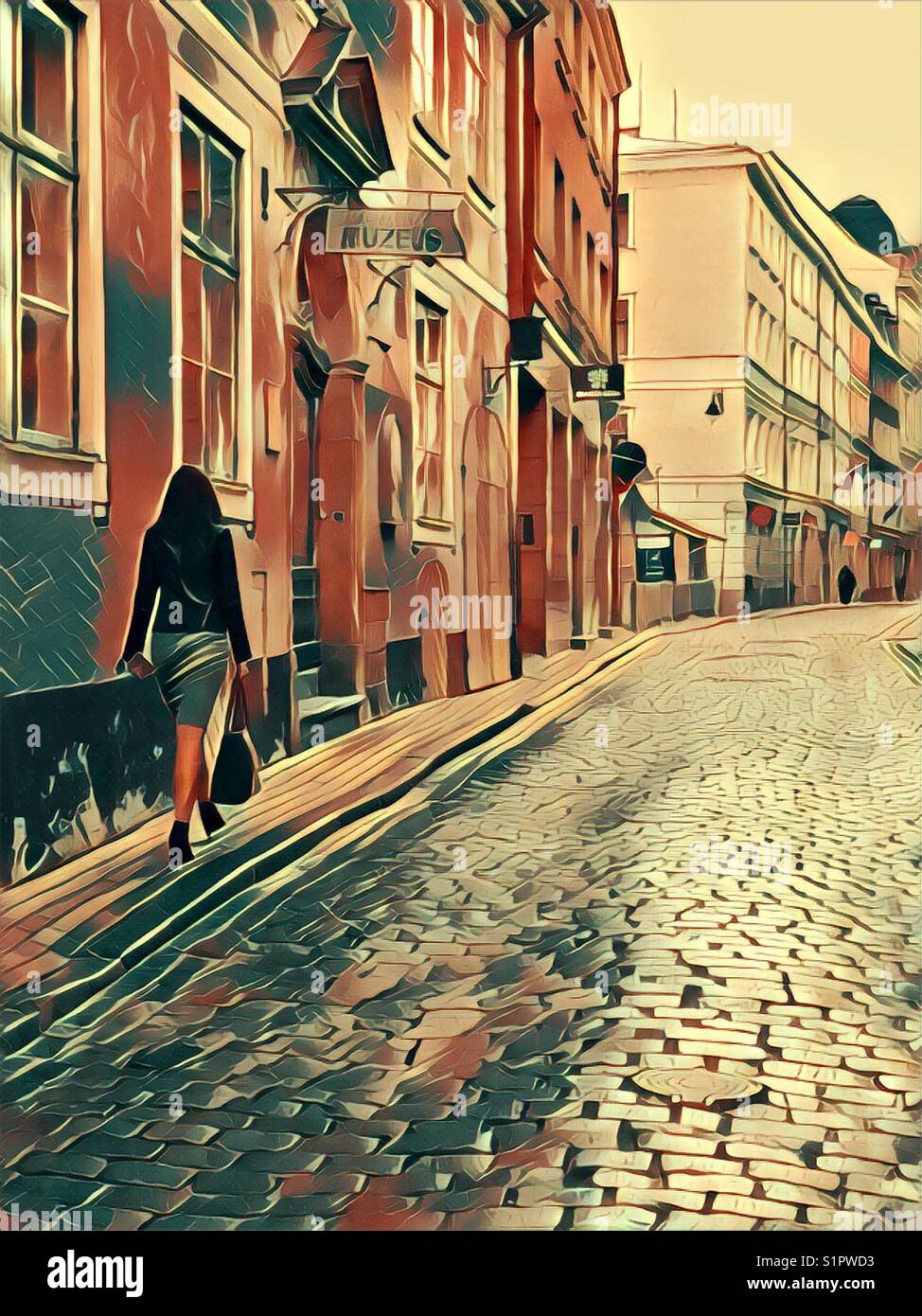 Illustration of woman walking down a european street Stock Photo