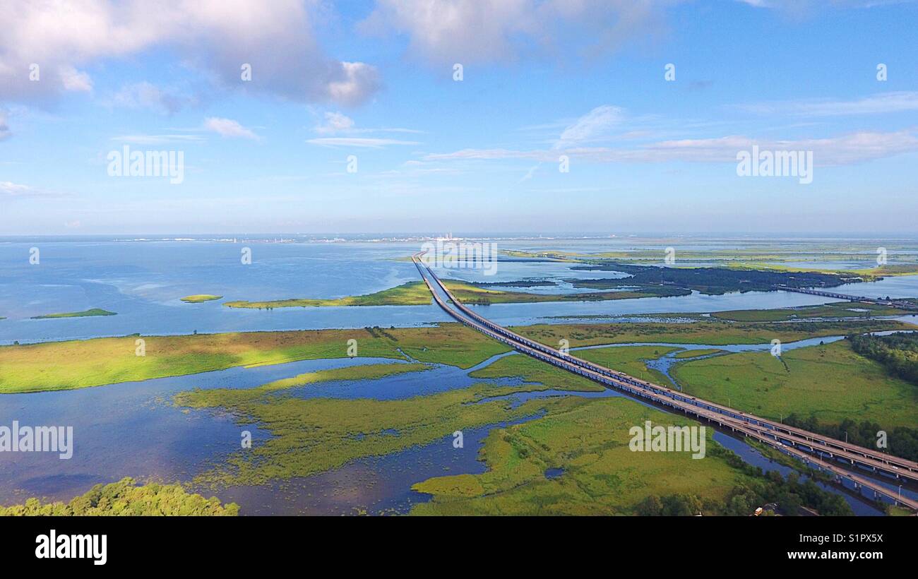 Morning over interstate 10 bridge and Mobile Bay Stock Photo