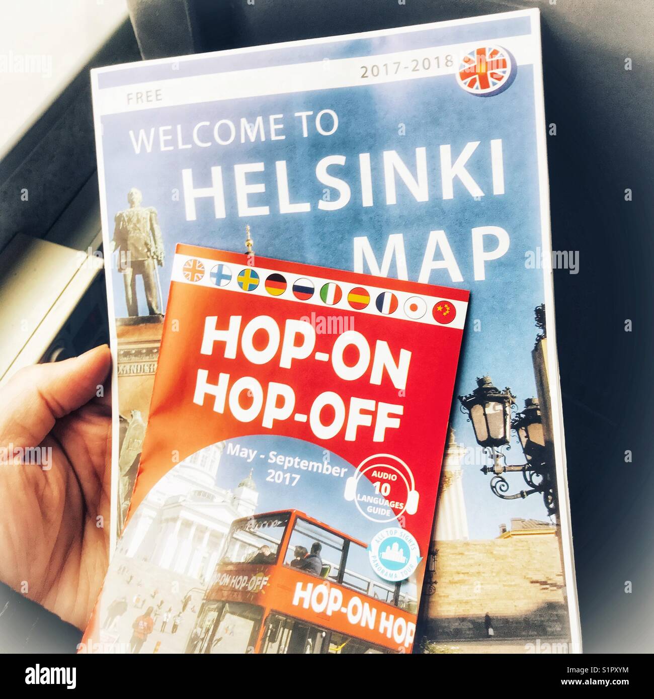 Helsinki, Finland map and hop on hop off bus leaflet Stock Photo