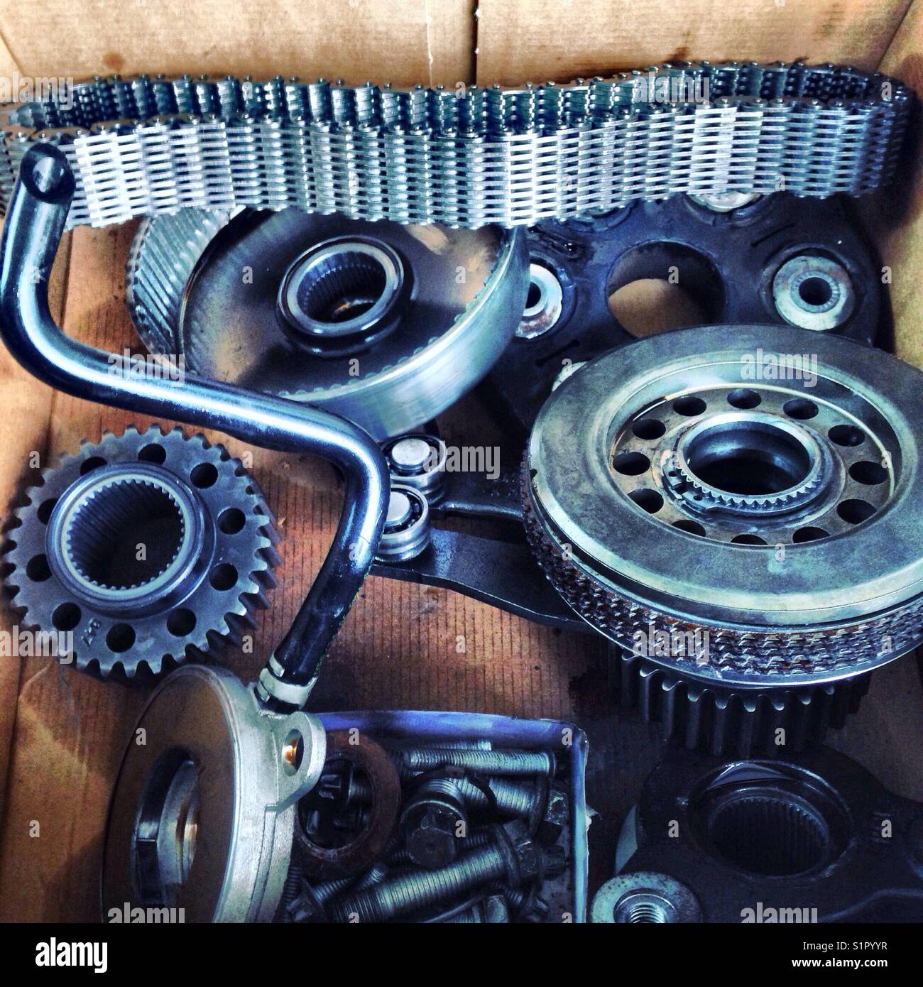 Gearbox parts in a box Stock Photo Alamy